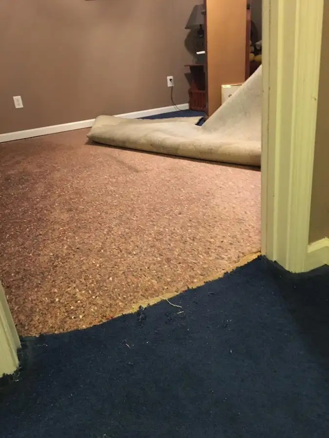 Carpet pad removal revealing water damage during Drying & Dehumidification in On Top of the World